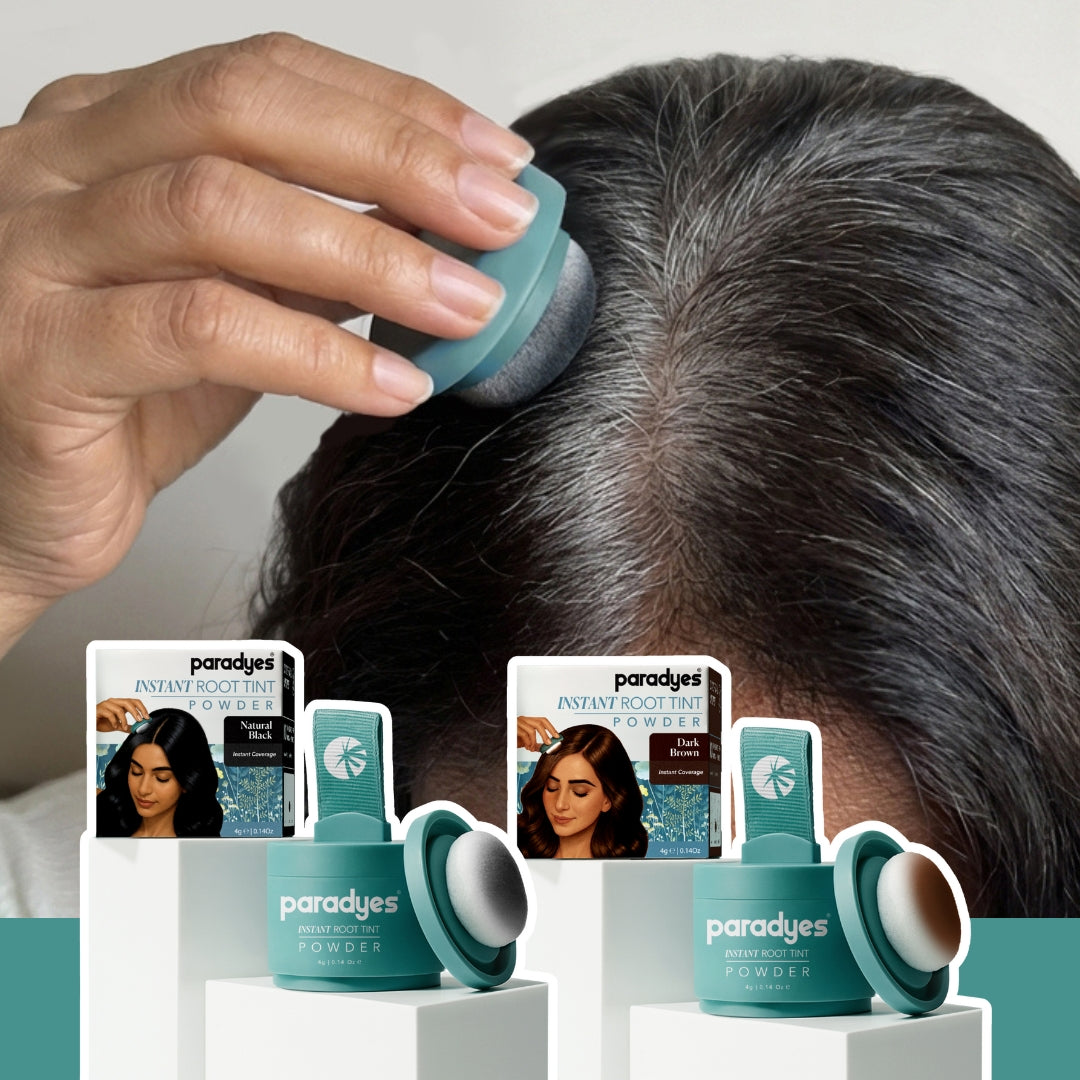 Person applying Paradyes root tint on grey hair with the product and its packaging displayed.