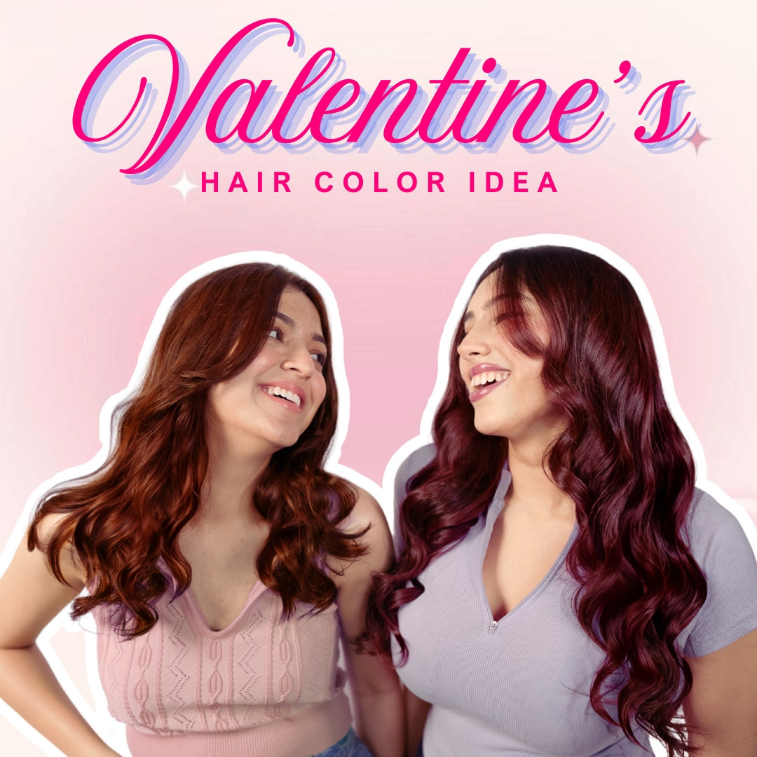 Valentine’s hair colour ideas featuring two women with glossy brown and burgundy no-bleach hair shades on dark hair.