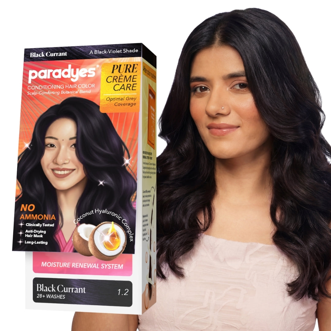 Paradyes Pure Crème Care Black Currant conditioning hair color shown with model, offering deep black-violet tone, even grey coverage, and soft, glossy hair with a no-ammonia formula.