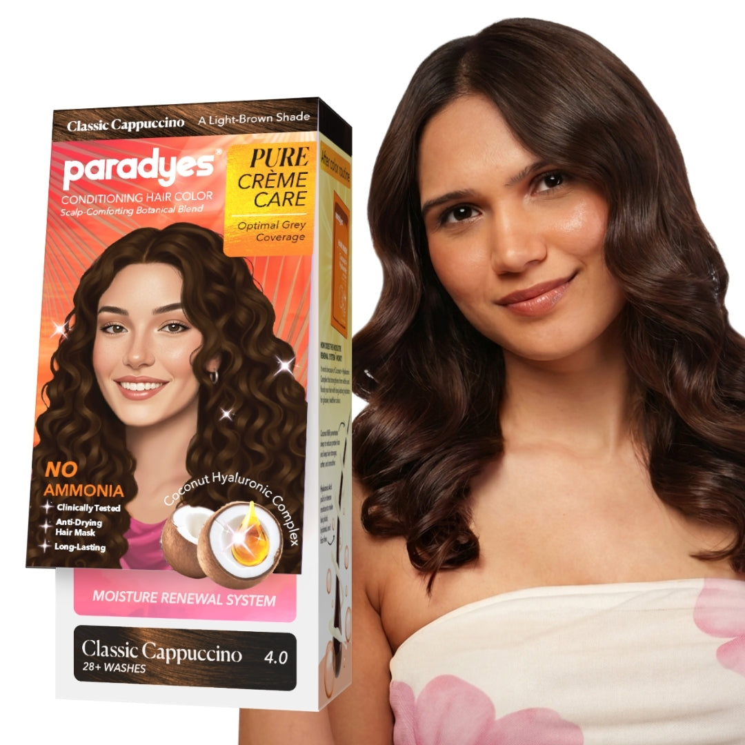 Paradyes Pure Crème Care Classic Cappuccino conditioning hair color shown with model, offering natural-looking grey coverage and glossy brown finish without ammonia.