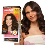 Paradyes Pure Crème Care Classic Cappuccino conditioning hair color shown with model, offering natural-looking grey coverage and glossy brown finish without ammonia.