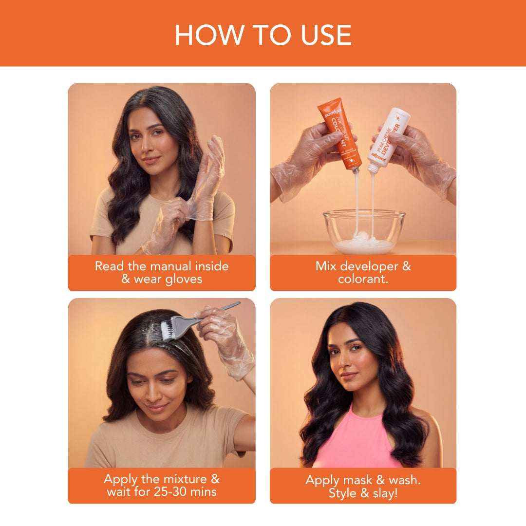 How to use Paradyes Pure Crème Care hair color, showing step-by-step process from mixing colorant and developer to application, masking, and final styling.