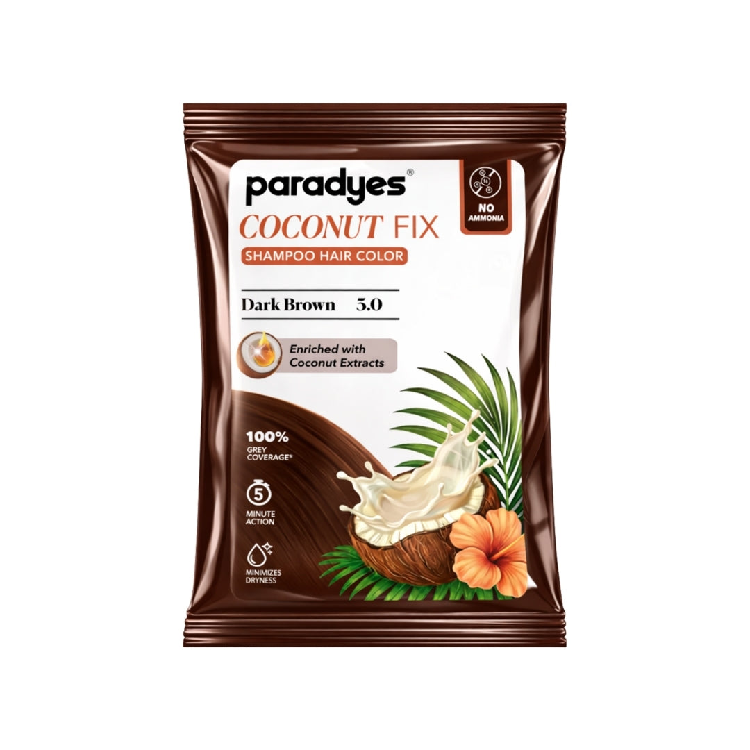 Paradyes Coconut Fix Dark Brown 5.0 shampoo hair color sachet with coconut extracts for 5-minute grey coverage.