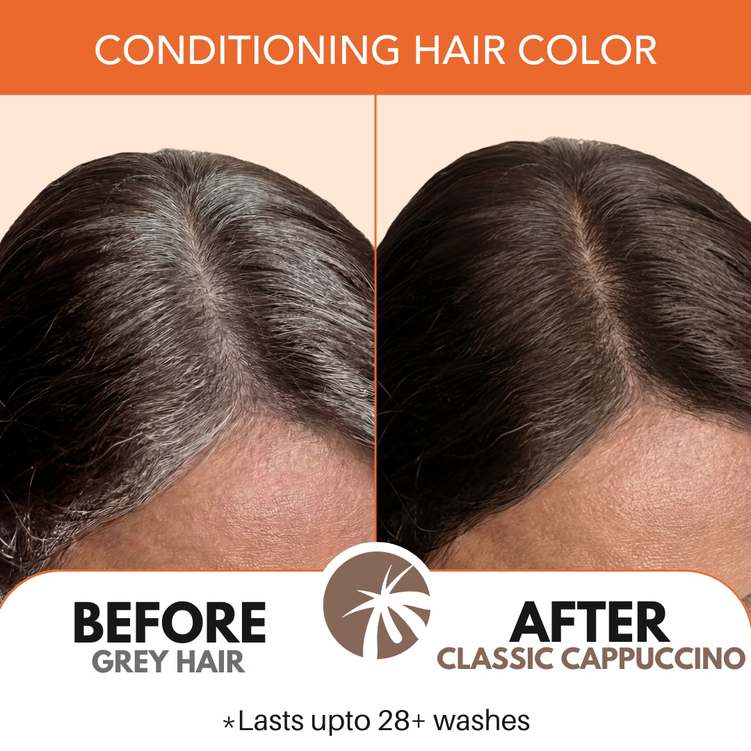 Before and after results showing grey hair covered with Paradyes Pure Crème Care Classic Cappuccino shade, delivering even colour and natural brown finish.