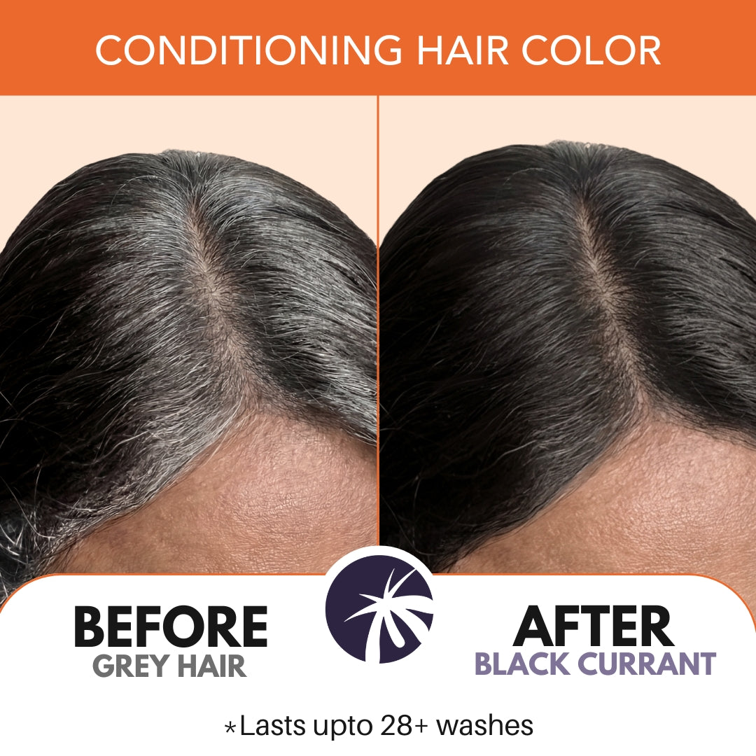Before and after results showing grey hair covered with Paradyes Pure Crème Care Black Currant shade, delivering even colour and natural brown finish.