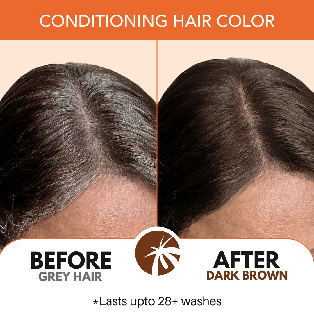 Before and after results showing grey hair covered with Paradyes Pure Crème Care Dark Brown shade, delivering even colour and natural brown finish.
