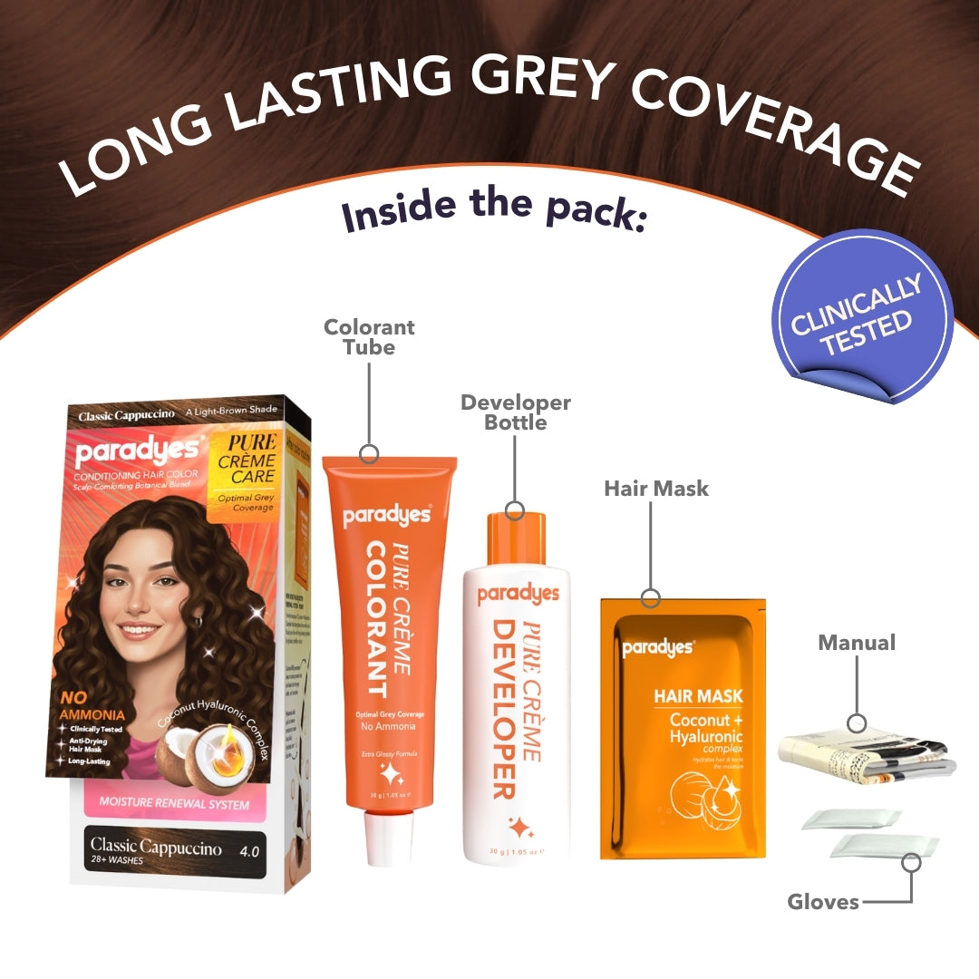 What’s inside Paradyes Pure Crème Care hair color box including colorant tube, developer bottle, coconut hyaluronic hair mask, gloves, and instruction manual.