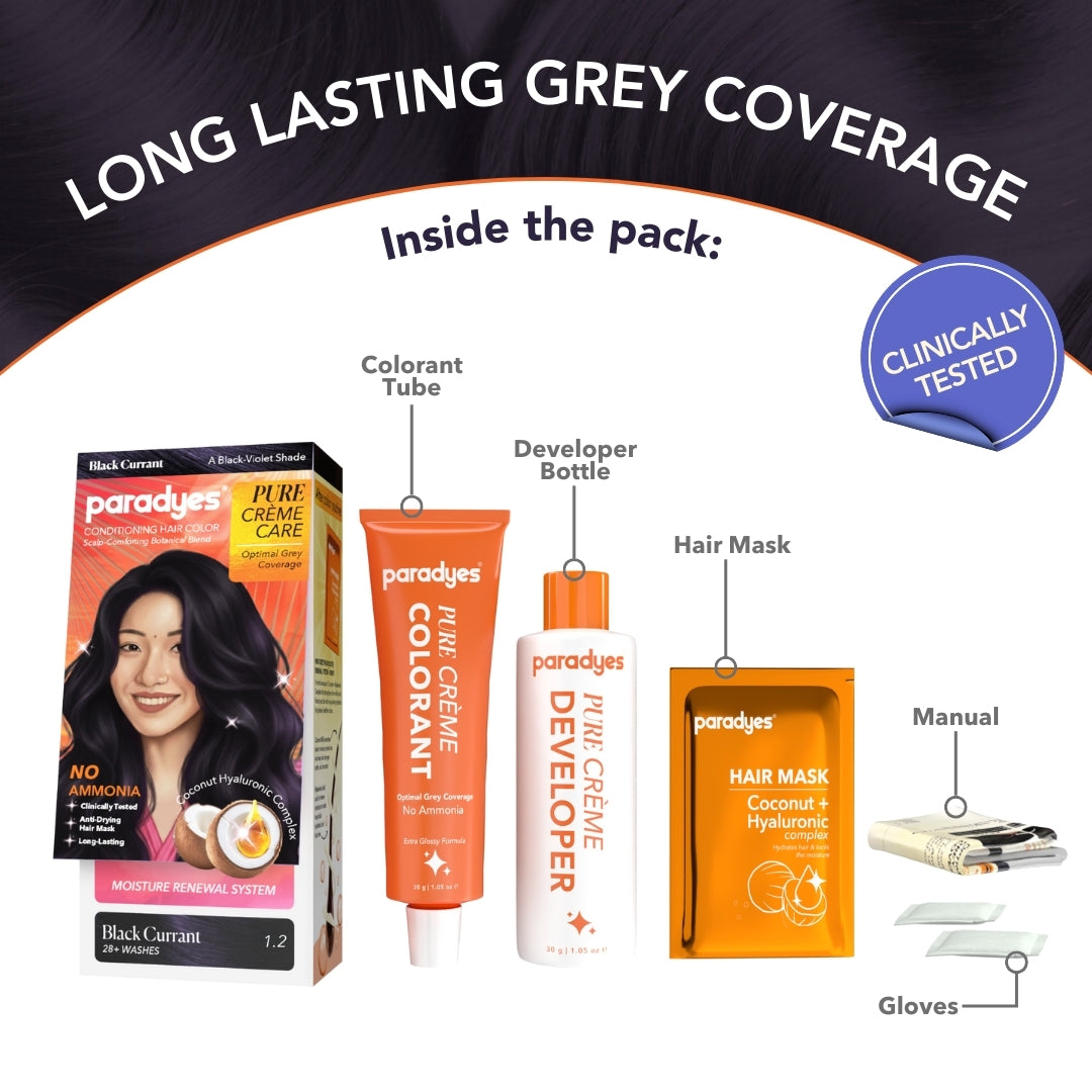 What’s inside Paradyes Pure Crème Care hair color box including colorant tube, developer bottle, coconut hyaluronic hair mask, gloves, and instruction manual.