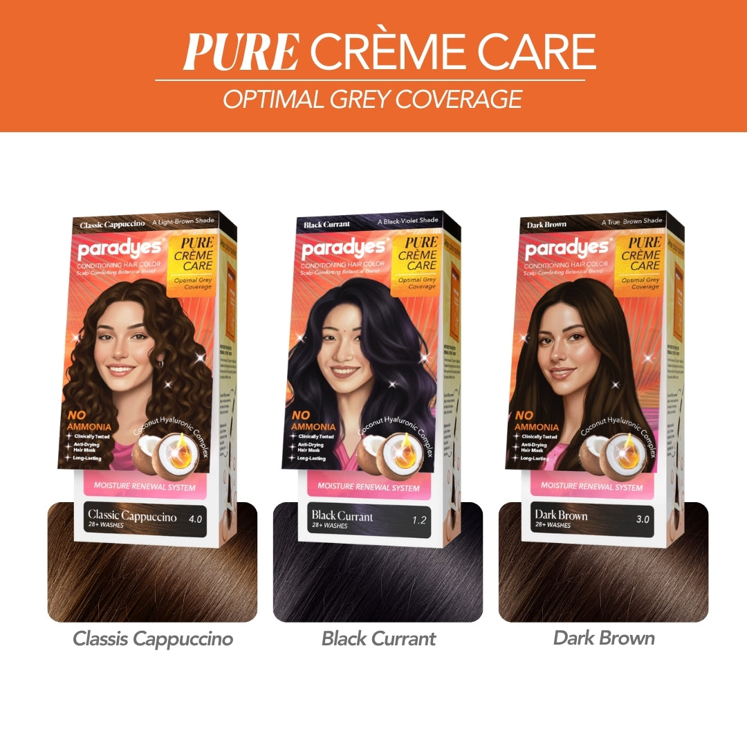 Paradyes Pure Crème Care grey coverage hair color range featuring Classic Cappuccino, Black Currant, and Dark Brown shades with conditioning, ammonia-free formula.