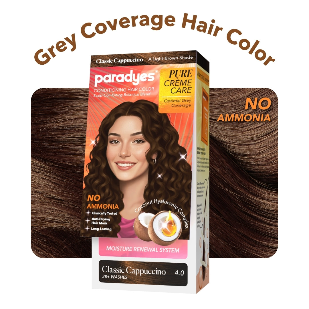 Grey coverage hair color swatch in Classic Cappuccino by Paradyes Pure Crème Care, showing rich brown tone with no ammonia formula.