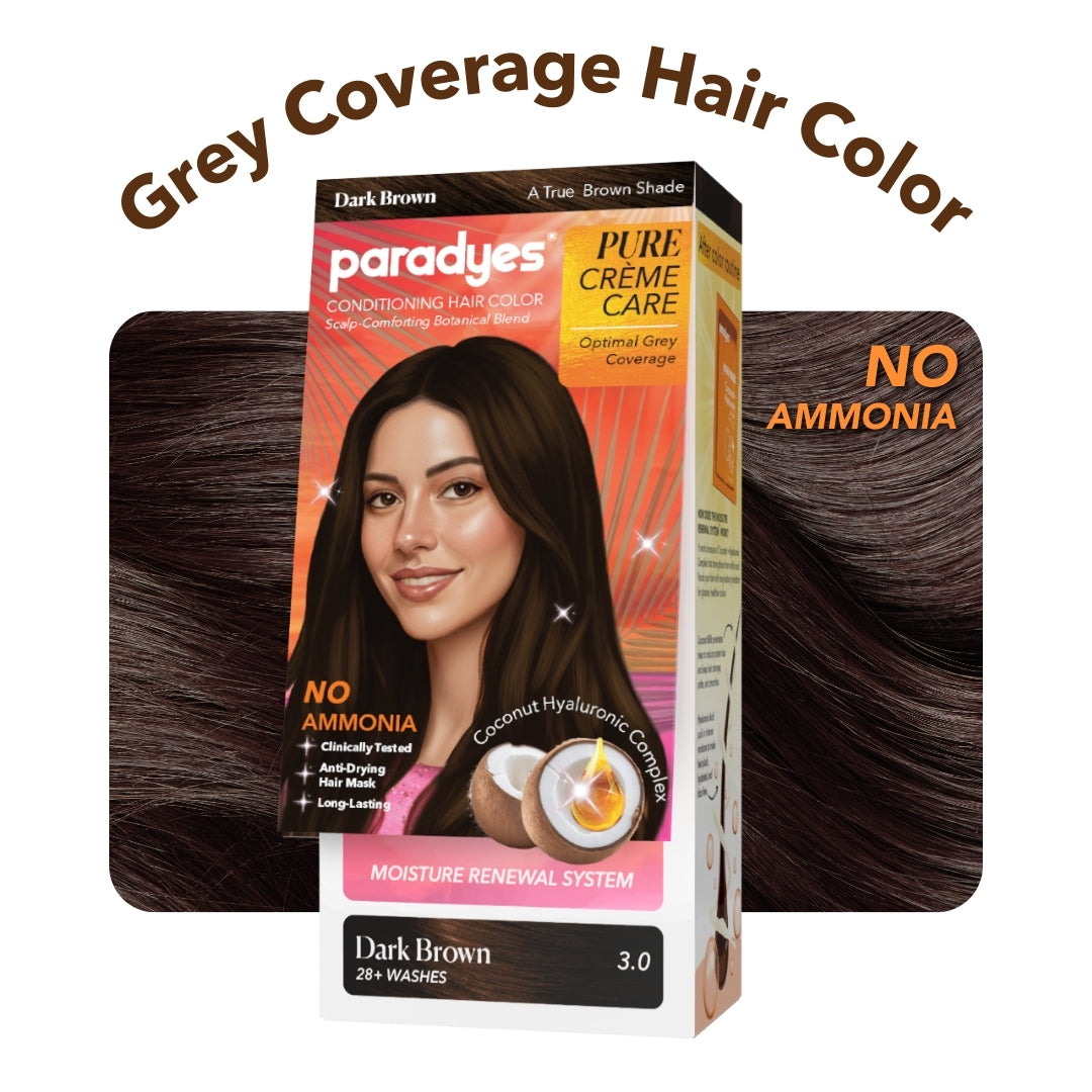 Grey coverage hair color swatch in Dark Brown by Paradyes Pure Crème Care, showing rich brown tone with no ammonia formula.