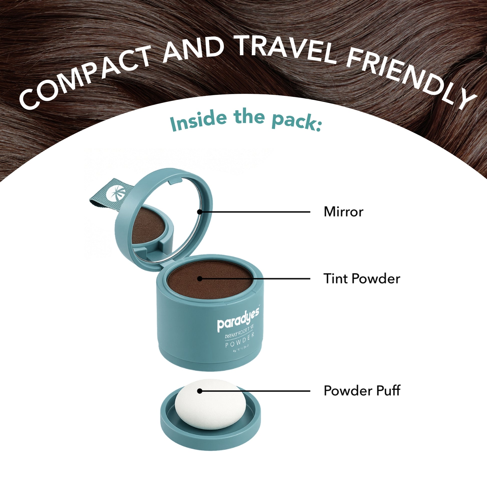 Inside the Paradyes Instant Root Tint Powder pack, showing built-in mirror, tint powder, and soft powder puff in a compact, travel-friendly case.