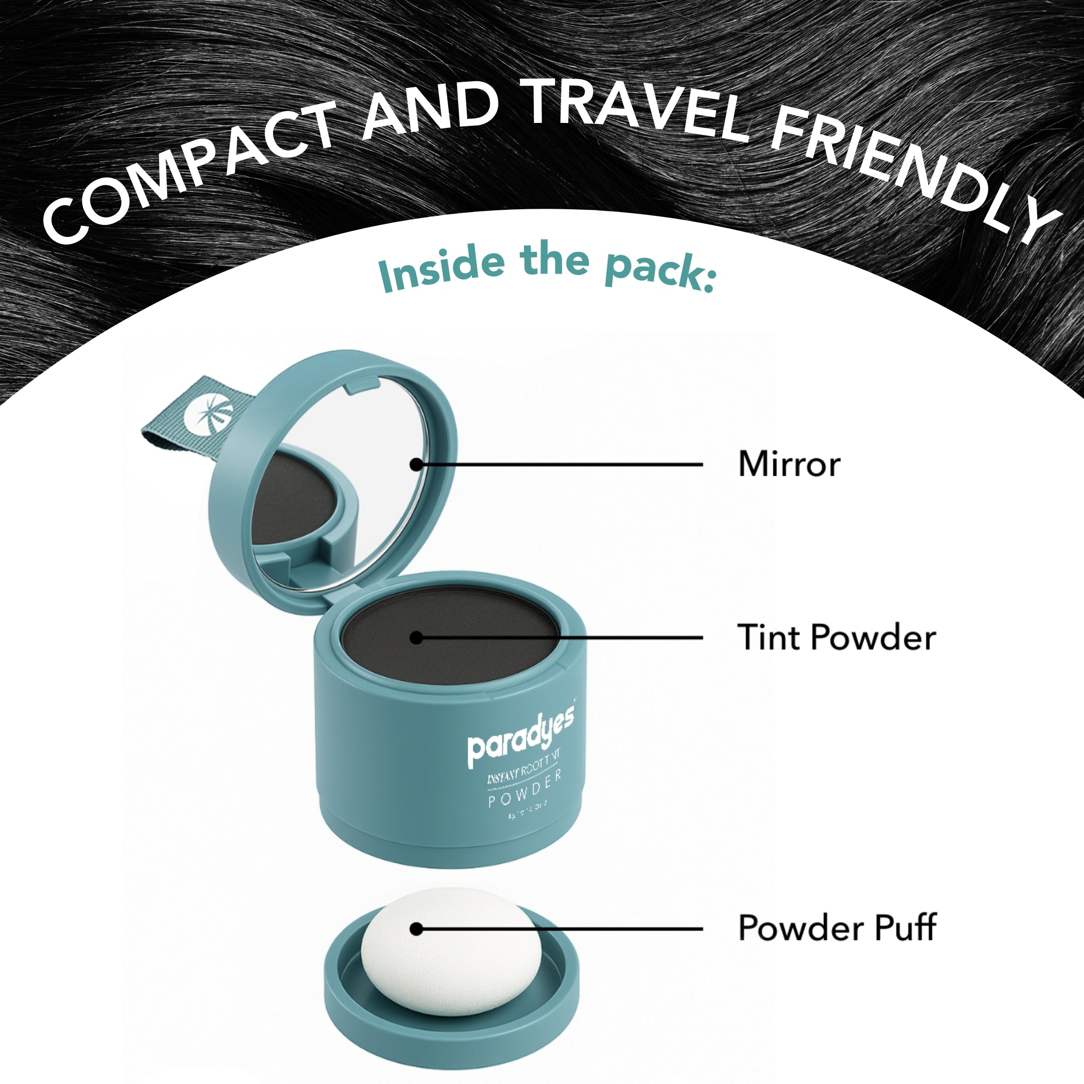 Inside the Paradyes Instant Root Tint Powder pack showing built-in mirror, tint powder, and soft powder puff in a compact, travel-friendly case.