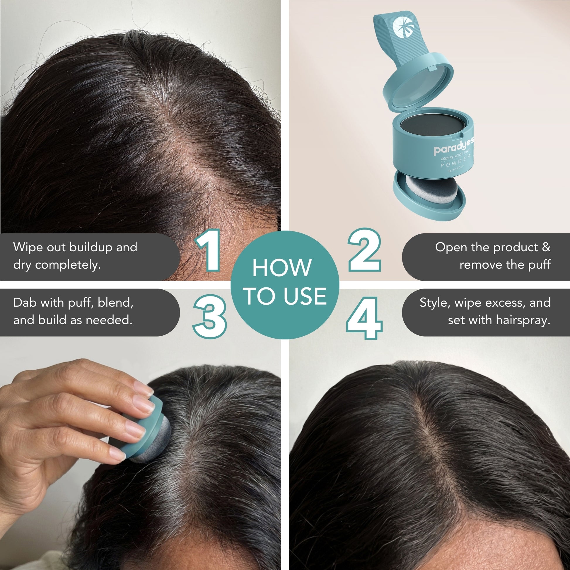 How to use Paradyes Instant Root Tint Powder with step-by-step visuals showing root prep, puff application, blending, and finished look.