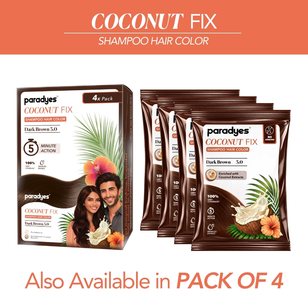 Paradyes Coconut Fix Dark Brown 5.0 shampoo hair color box with four sachets for quick grey coverage.