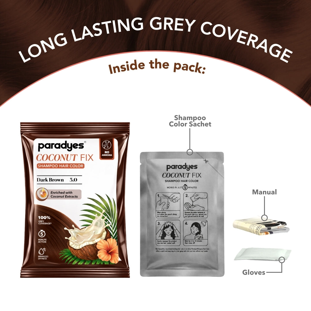 Paradyes Coconut Fix Dark Brown 5.0 shampoo hair color pack contents with color sachet, instruction manual and gloves.