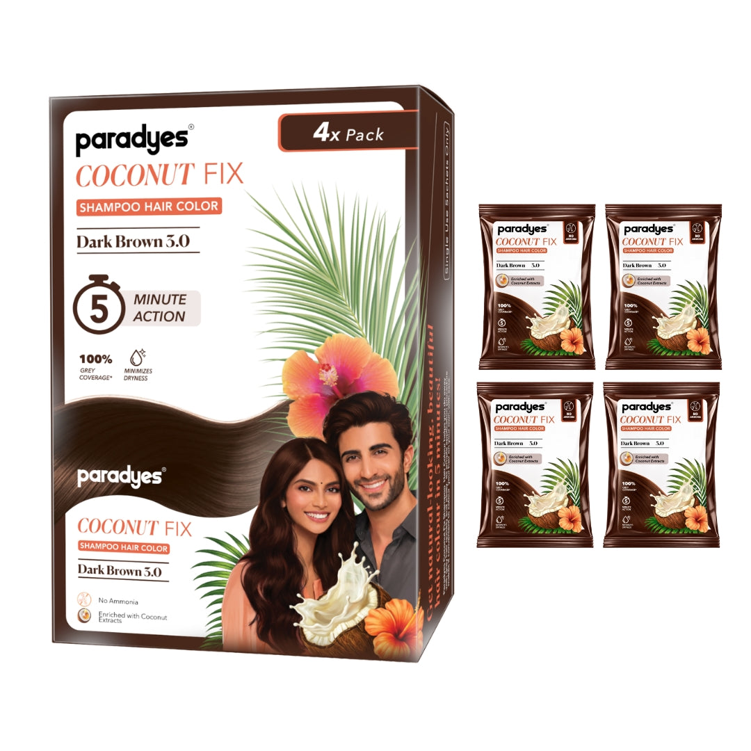 Paradyes Coconut Fix Dark Brown 5.0 shampoo hair color box with four sachets for 5-minute grey coverage.