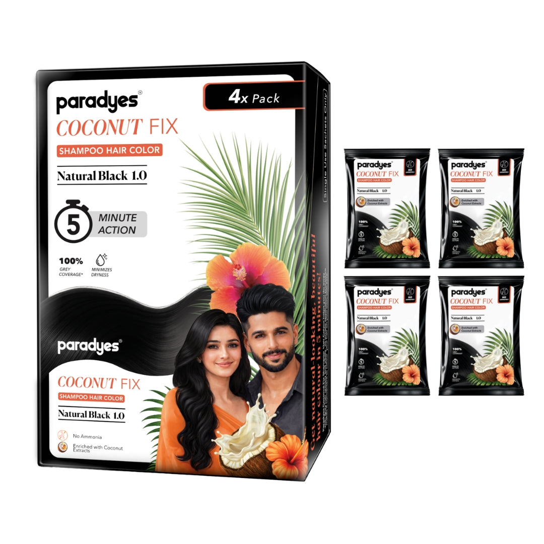 Paradyes Coconut Fix Shampoo Hair Color in Natural Black 1.0 with a 4-pack box and four sachets for 5-minute grey coverage.