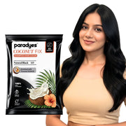 Woman with glossy natural black hair beside a Paradyes Coconut Fix Natural Black 1.0 shampoo hair color sachet.