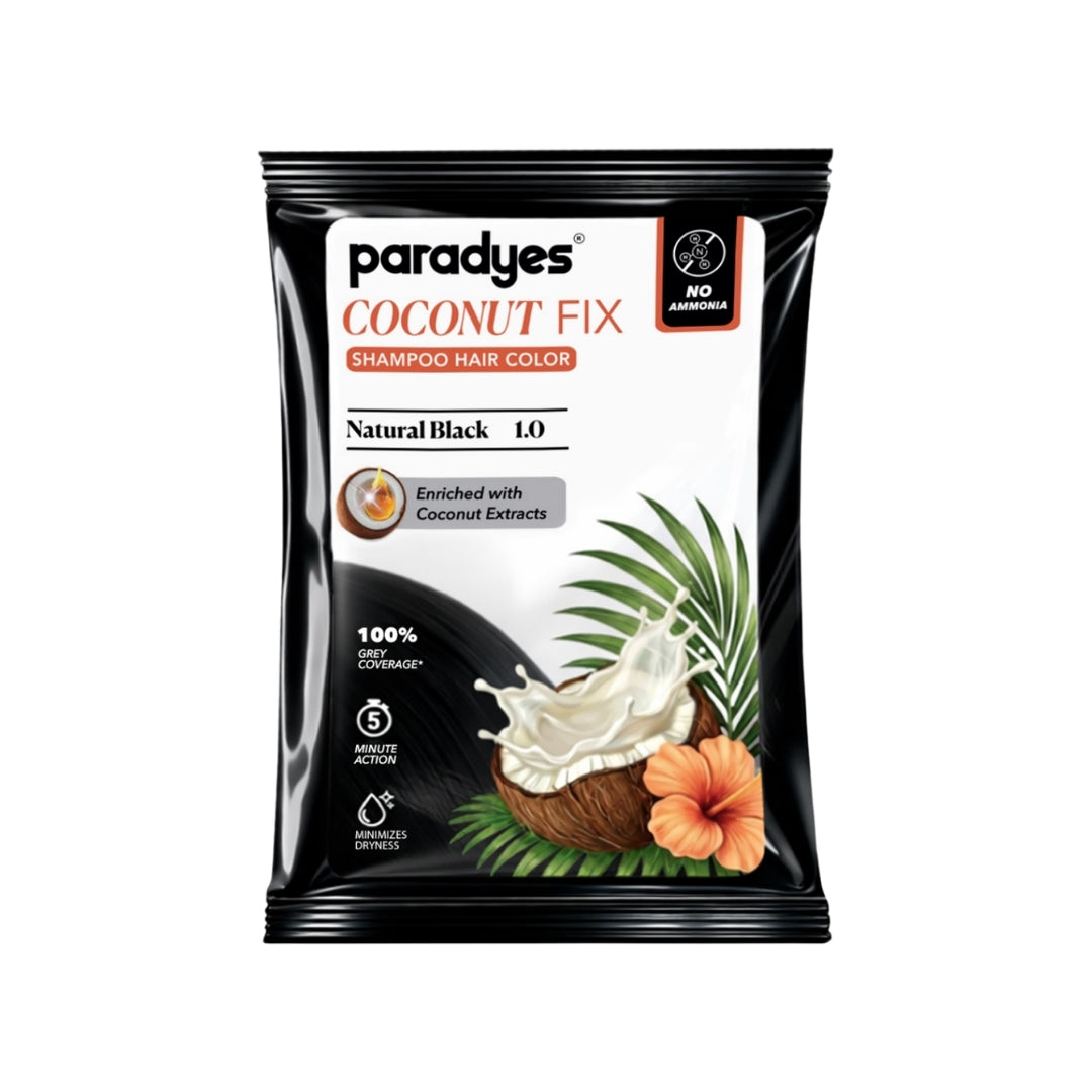 Paradyes Coconut Fix Natural Black 1.0 shampoo hair color sachet with coconut extracts, 5-minute action and grey coverage.