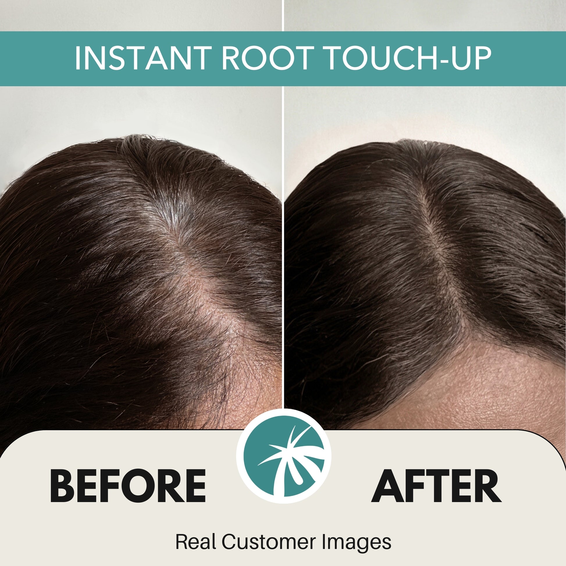 Before and after real customer images showing instant root touch-up using Paradyes Instant Root Tint Powder for natural-looking grey coverage.